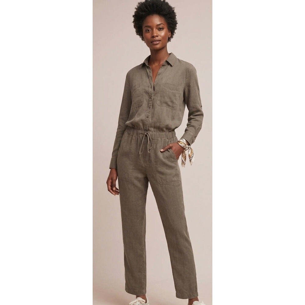 cloth & stone Olive Green Linen Blend Utility Jumpsuit
